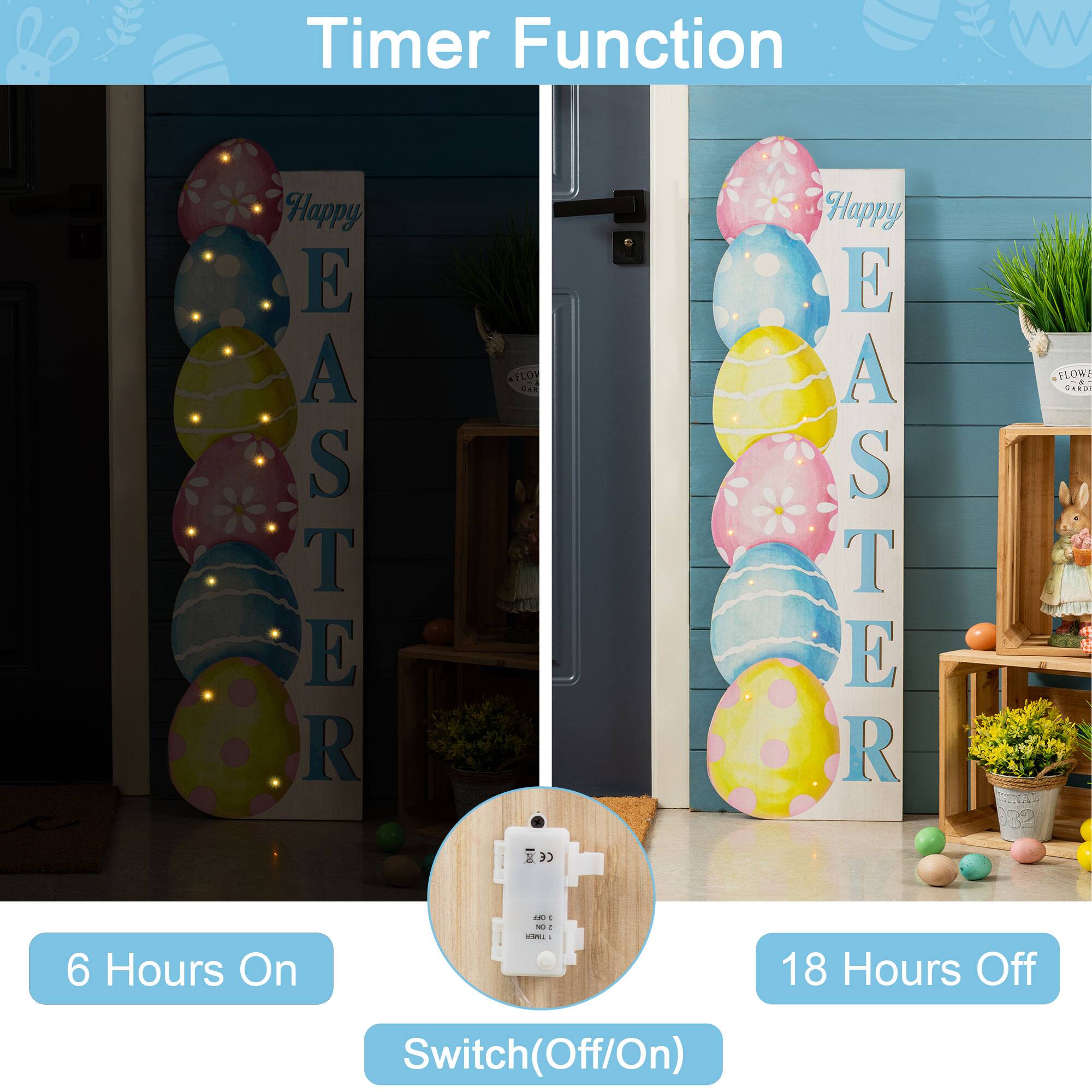 Glitzhome® 42" Lighted Wooden Stacked Eggs "Happy Easter" Porch Sign with Timer